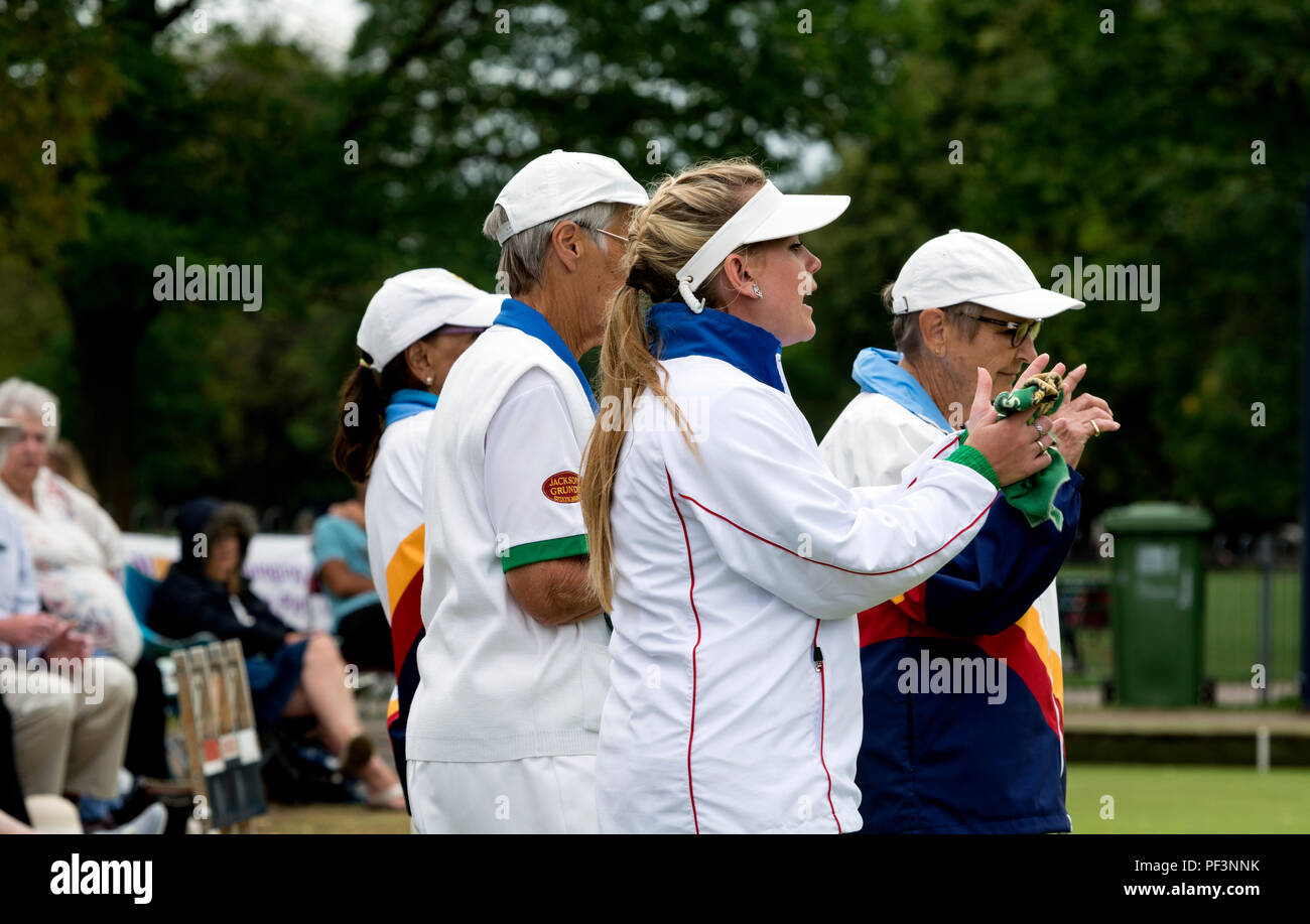 A player clapping at the national women`s lawn bowls championships, Leamington Spa, UK Stock